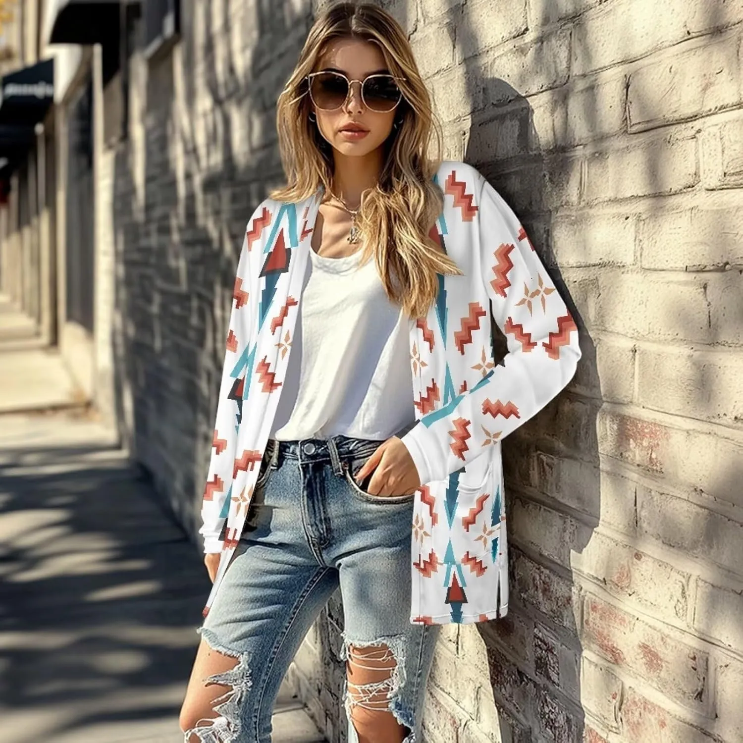 Women Open Front Ethnic Style Aztec Cardigan Tribal Aztec Printed Long Sleeve Casual Loose Coat