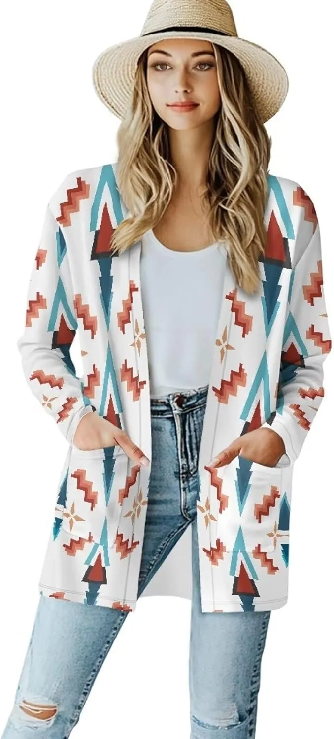 Women Open Front Ethnic Style Aztec Cardigan Tribal Aztec Printed Long Sleeve Casual Loose Coat