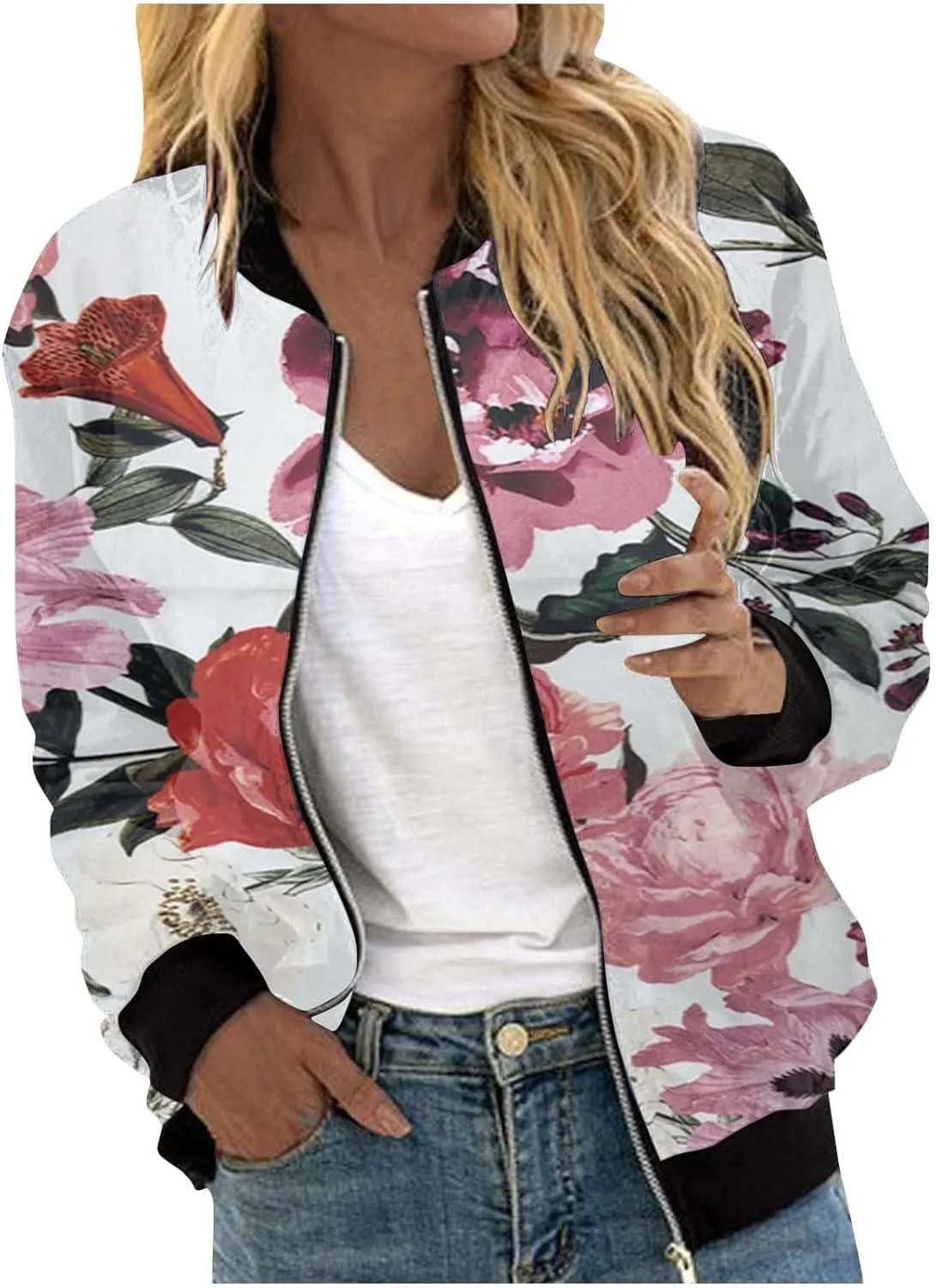 Women's Bomber Jacket 2024 Fall Casual Fashion Coat Dressy Lightweight Zip Up Outerwear Windbreaker with Pocket