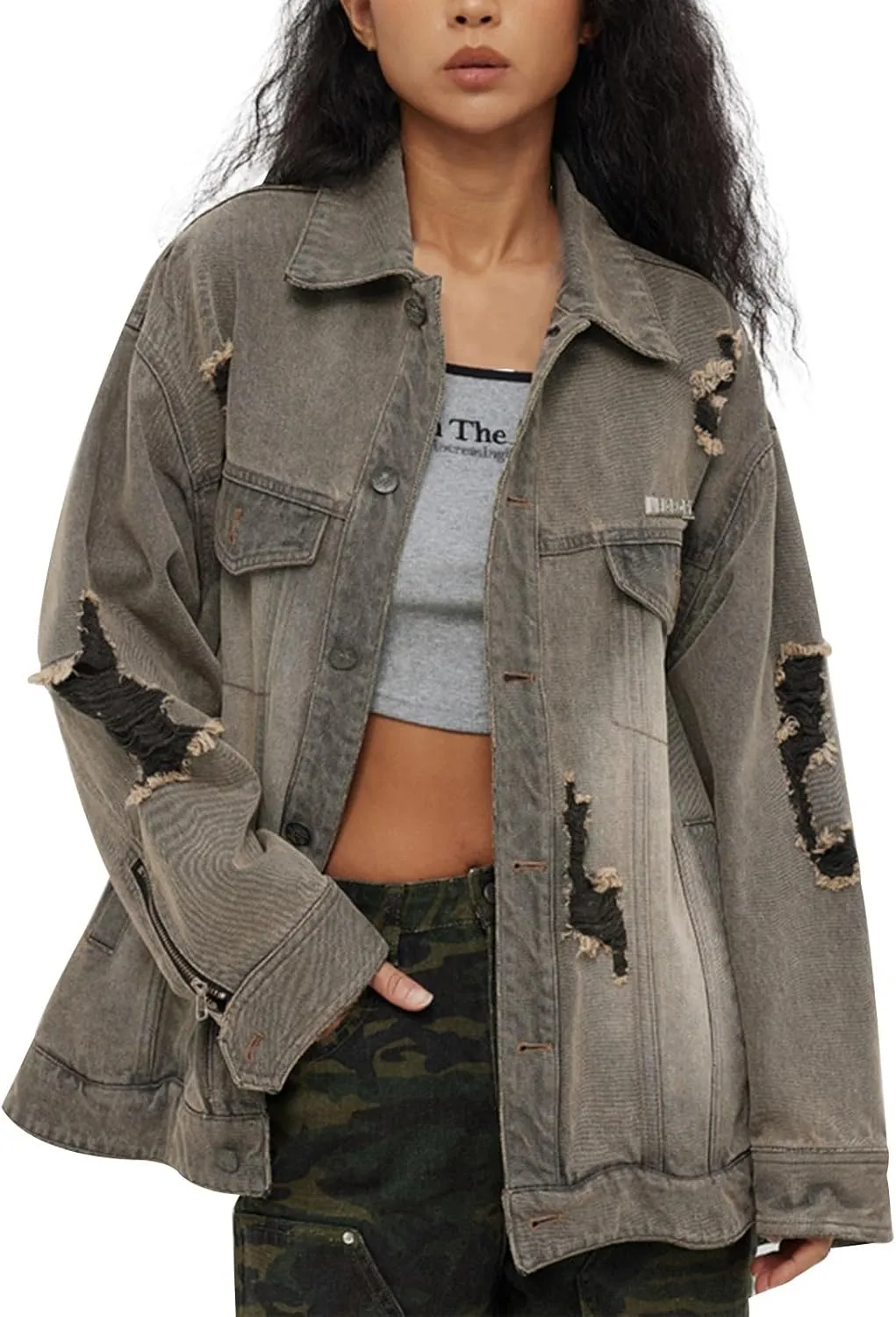 Women's Short Denim Jacket Basic Ripped Cropped Jean Jacket Button Down 3/4 Sleeve Light Wash Distressed Trucker Coat