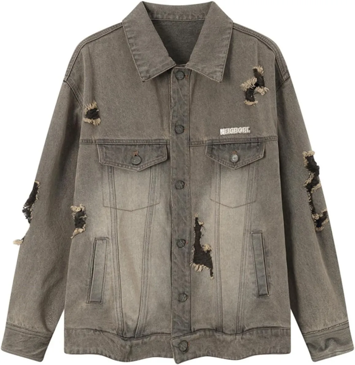 Women's Short Denim Jacket Basic Ripped Cropped Jean Jacket Button Down 3/4 Sleeve Light Wash Distressed Trucker Coat