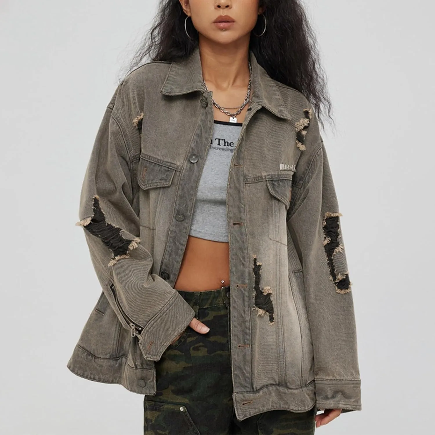 Women's Short Denim Jacket Basic Ripped Cropped Jean Jacket Button Down 3/4 Sleeve Light Wash Distressed Trucker Coat