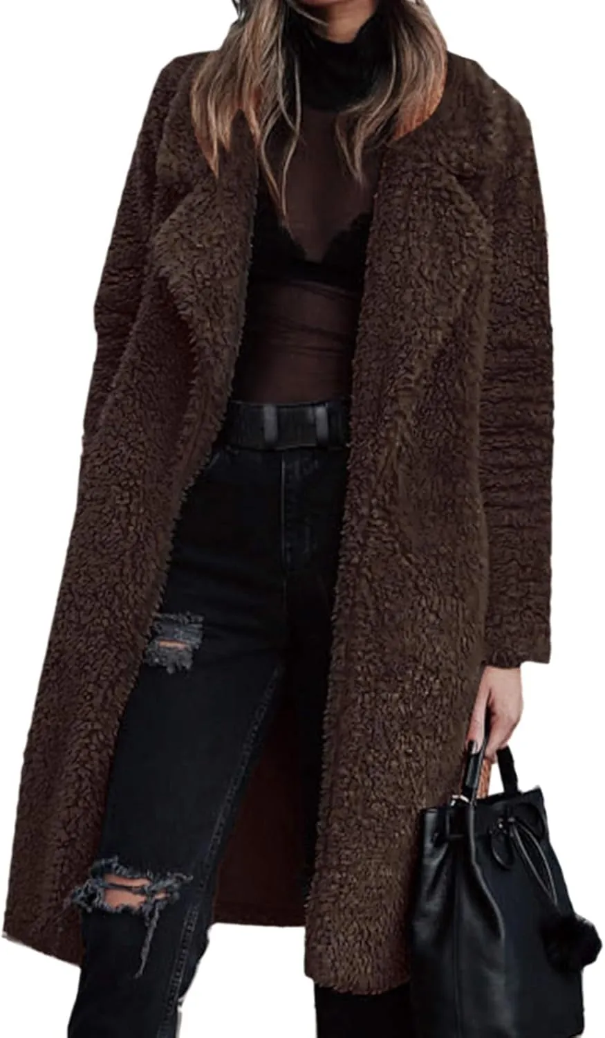 Womens Winter Coat Fuzzy Fleece Open Front Long Cardigan Faux Fur Warm Winter Outwear Lapel Jackets