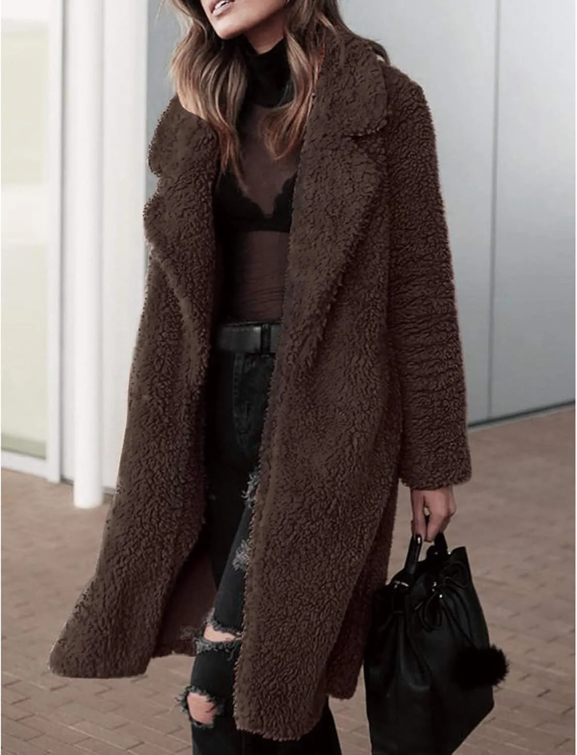 Womens Winter Coat Fuzzy Fleece Open Front Long Cardigan Faux Fur Warm Winter Outwear Lapel Jackets
