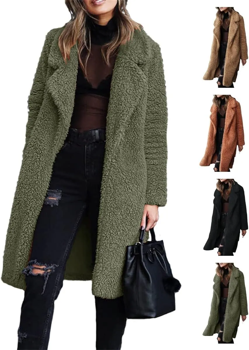 Womens Winter Coat Fuzzy Fleece Open Front Long Cardigan Faux Fur Warm Winter Outwear Lapel Jackets