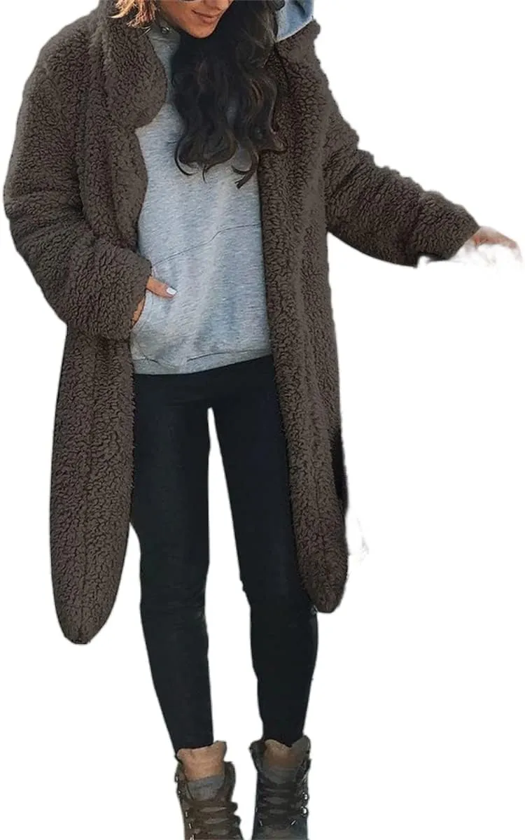 Womens Winter Coat Fuzzy Fleece Open Front Long Cardigan Faux Fur Warm Winter Outwear Lapel Jackets