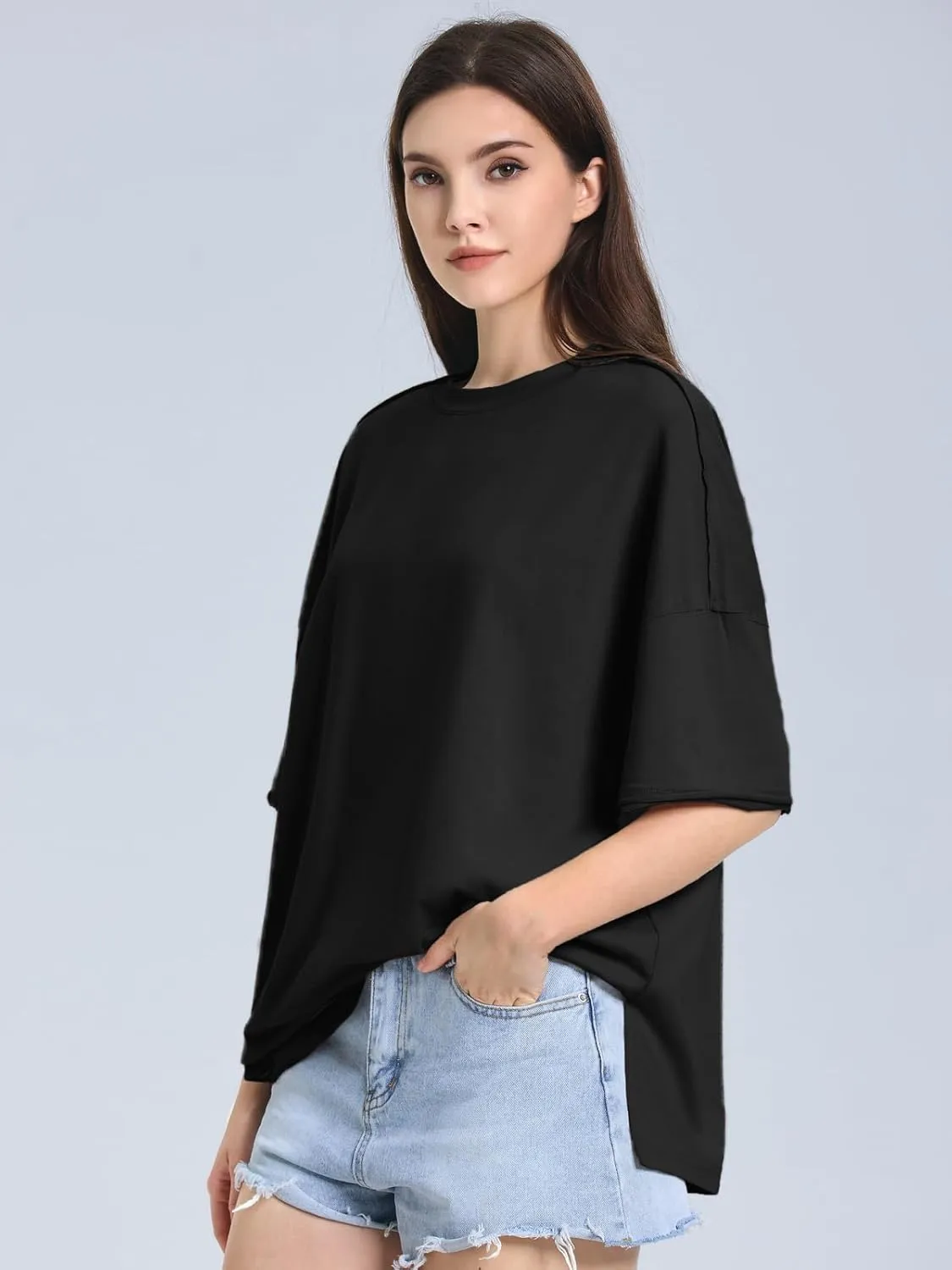 ZANZEA Oversized T Shirts for Women Short Rolled Sleeve Round Neck Summer Tops Drop Shoulder Casual Loose Basic Tees