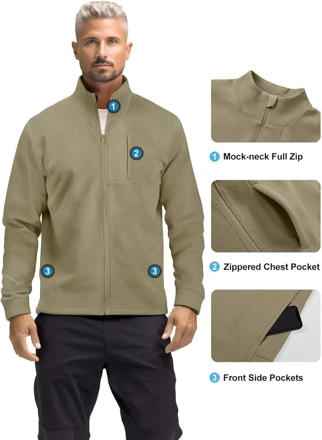 Zengjo Men's Track Jackets Full-Zip Athletic Jacket Sweatshirt Mock Neck with Zipper Pockets