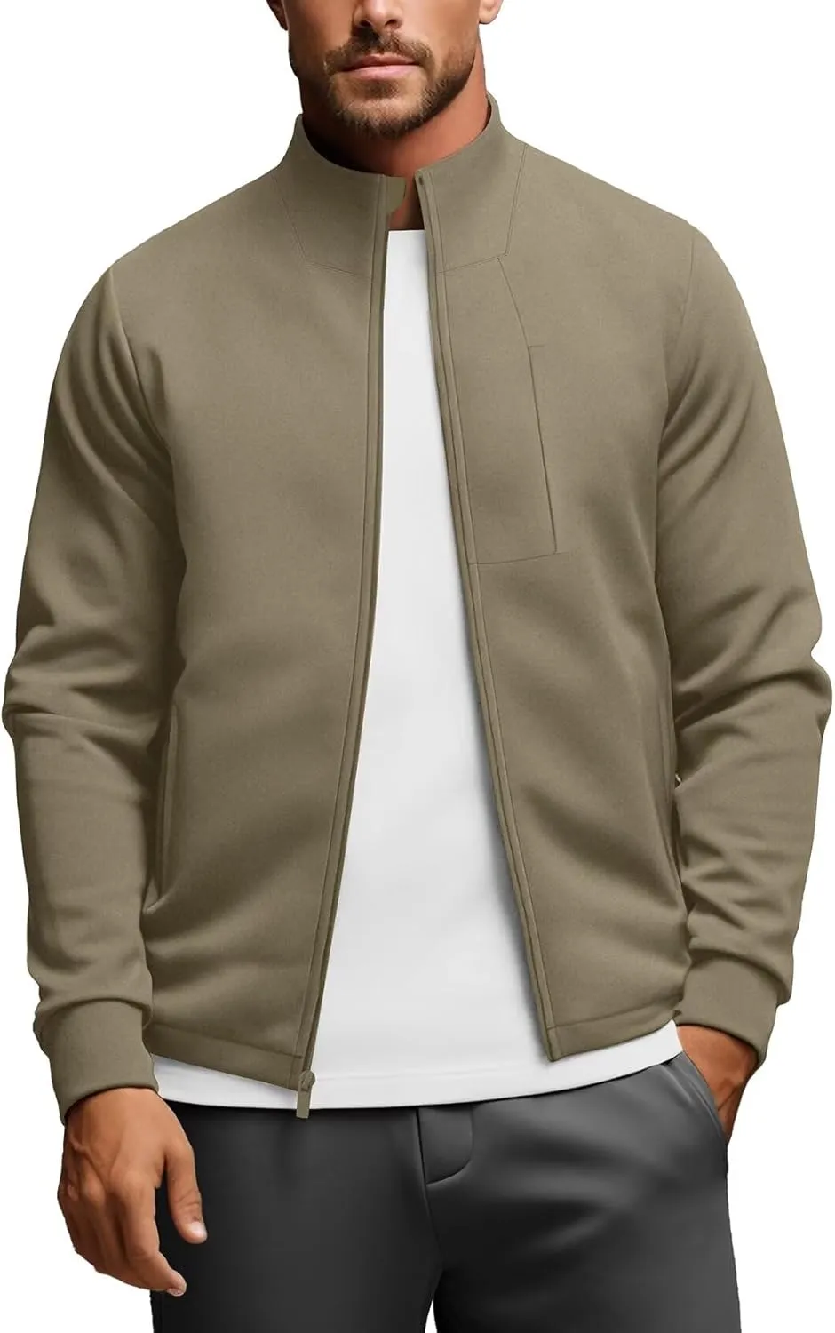 Zengjo Men's Track Jackets Full-Zip Athletic Jacket Sweatshirt Mock Neck with Zipper Pockets