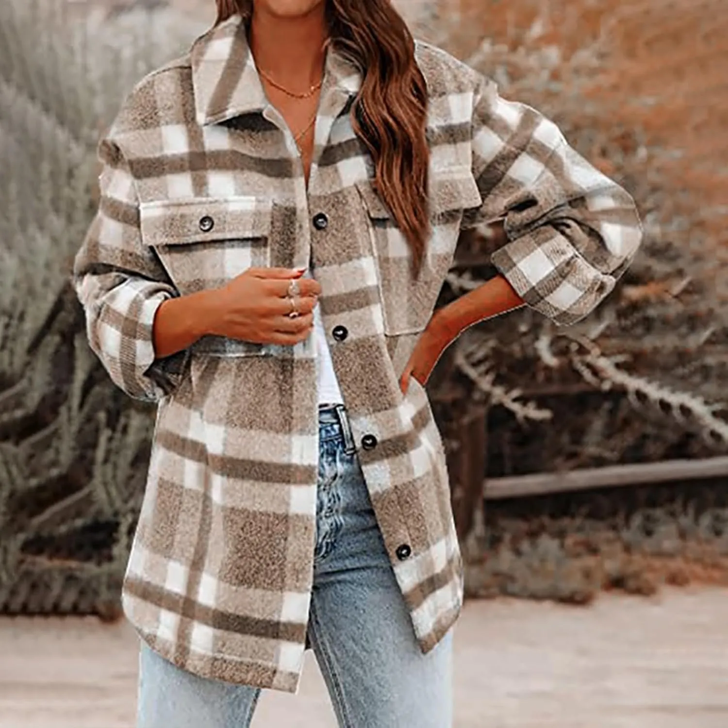 Zkuisw Wool Jackets for Women 2024 Plaid Printed Long Sleeve Turn-Down Collar Suit Cardigan Button Pocket Woolen Coat Tops