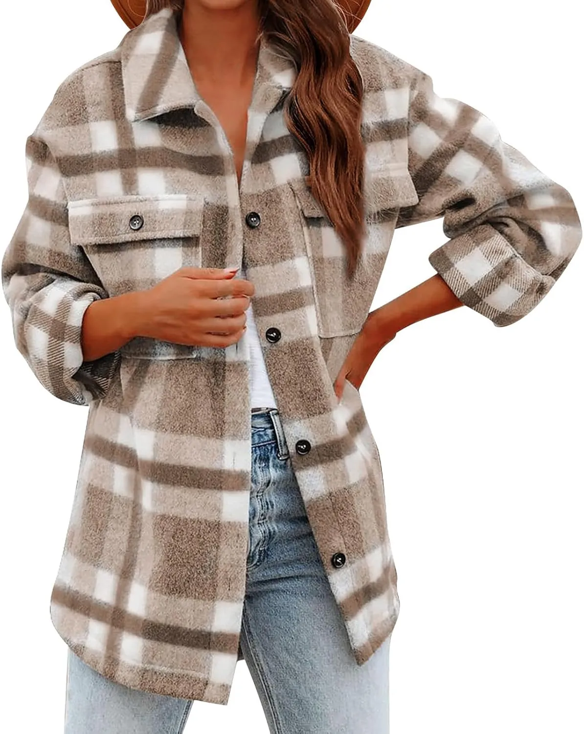Zkuisw Wool Jackets for Women 2024 Plaid Printed Long Sleeve Turn-Down Collar Suit Cardigan Button Pocket Woolen Coat Tops