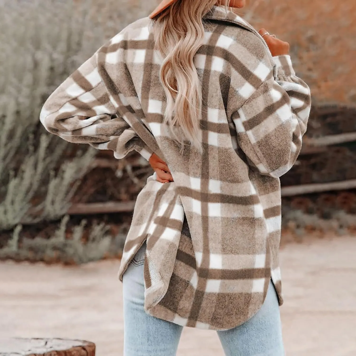 Zkuisw Wool Jackets for Women 2024 Plaid Printed Long Sleeve Turn-Down Collar Suit Cardigan Button Pocket Woolen Coat Tops