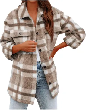 Zkuisw Wool Jackets for Women 2024 Plaid Printed Long Sleeve Turn-Down Collar Suit Cardigan Button Pocket Woolen Coat Tops